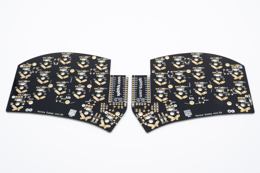 The Aurora Sweep PCBs, MX and Kailh Choc hand solder version in black, from the rear side.