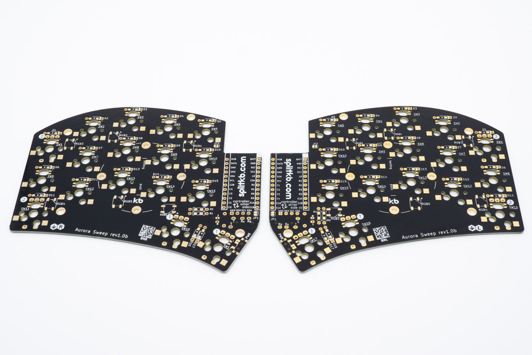 The Aurora Sweep PCBs, MX hotswap version in black, from the rear side.