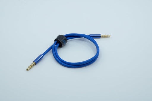 A blue TRRS cable, with an outer housing of braided fabric, bundled with a piece of velcro.